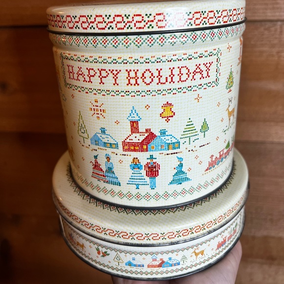 Vintage Christmas Cookie Fancy Tin set of 2 Happy Holiday German - Picture 1 of 4